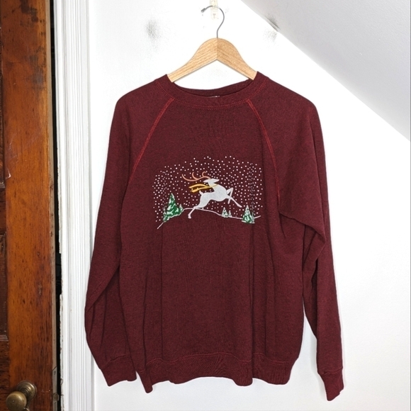 RE/DONE Upcycled Christmas Holiday Reindeer Snow Maroon Cotton Blend Sweatshirt - Picture 1 of 10